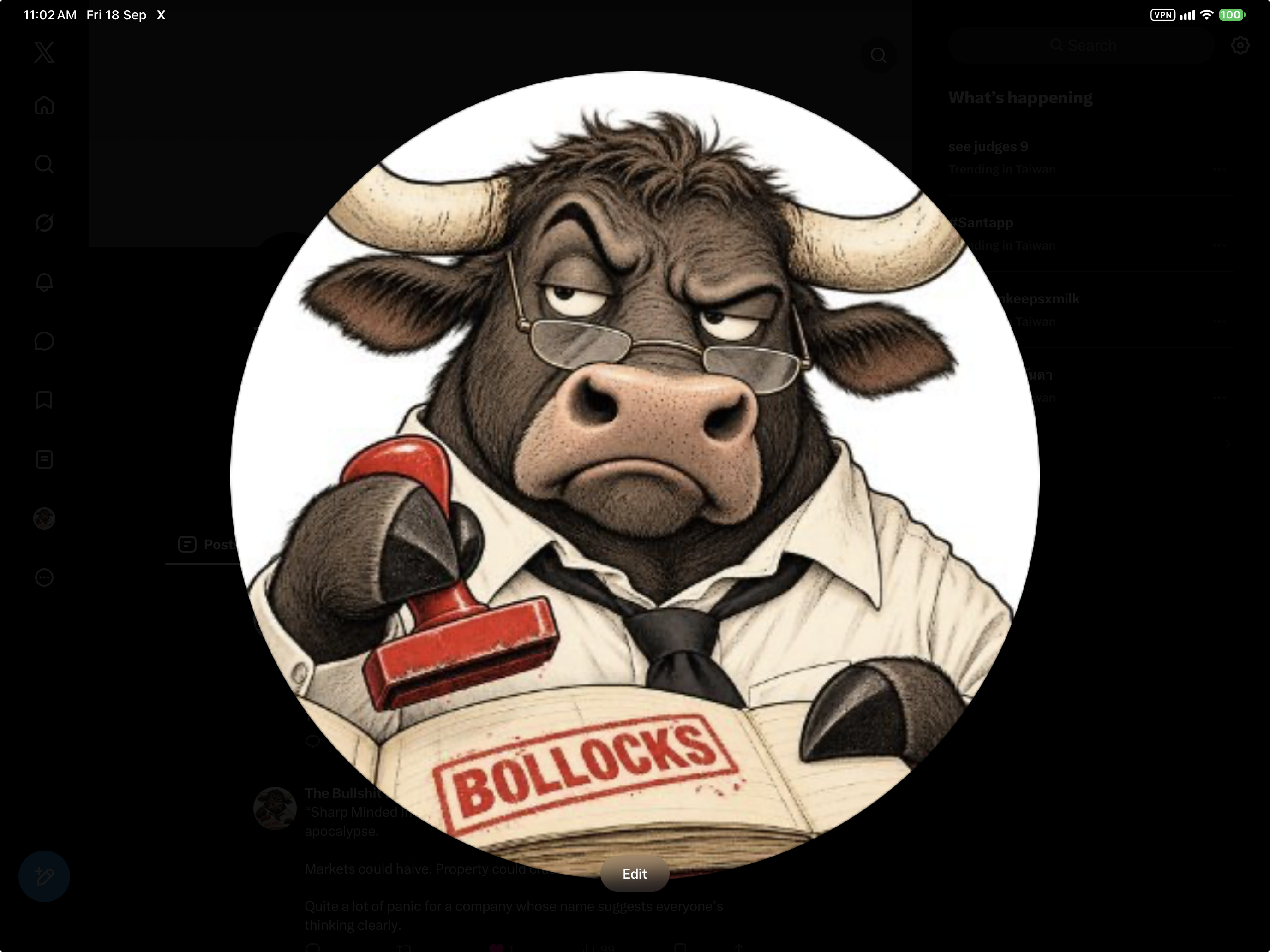 The Bullshit Ledger’s unimpressed bull, wearing reading glasses and holding a red stamp over a ledger.